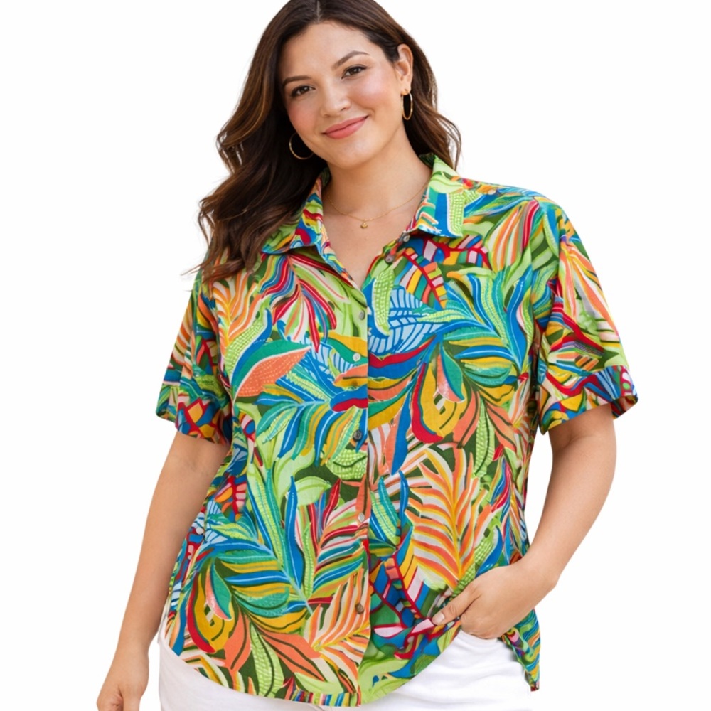 C&C California Tropical Linen Button Front Camp Shirt Top L Multicolor